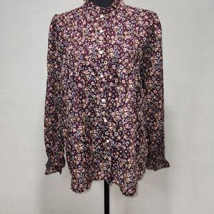 Loft Women's Size Large Purple Floral Poplum High Neck Button Down Shirt Top